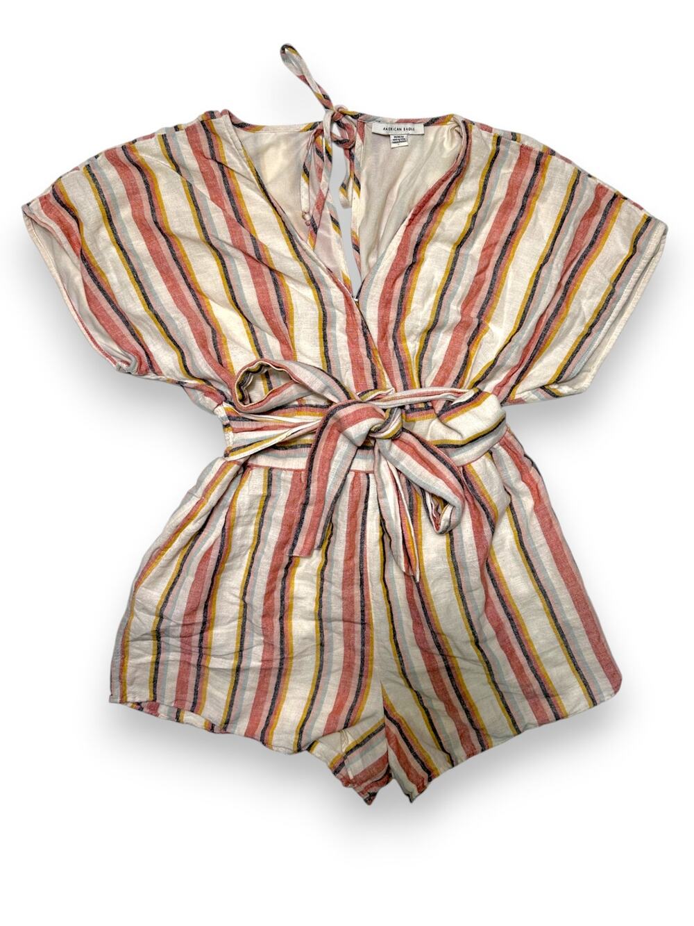 American Eagle Striped Linen Lined Bodice Tie Waist Romper